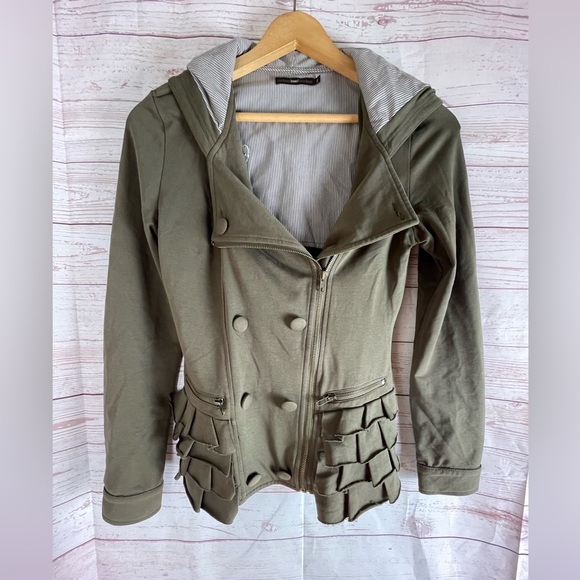 Athropologie Azel Hazel Haze Green burnout ruffled Jacket Zip Hooded sz S - Picture 1 of 7